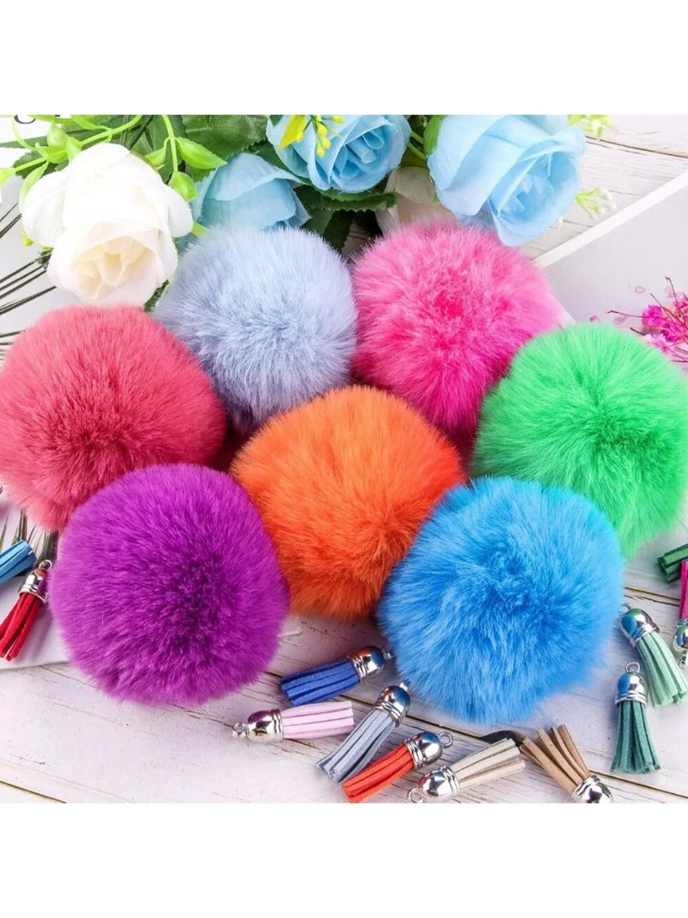 Fluffy Pom Pom Keychain Set - 160 Colorful Faux Fur Balls with Tassels
